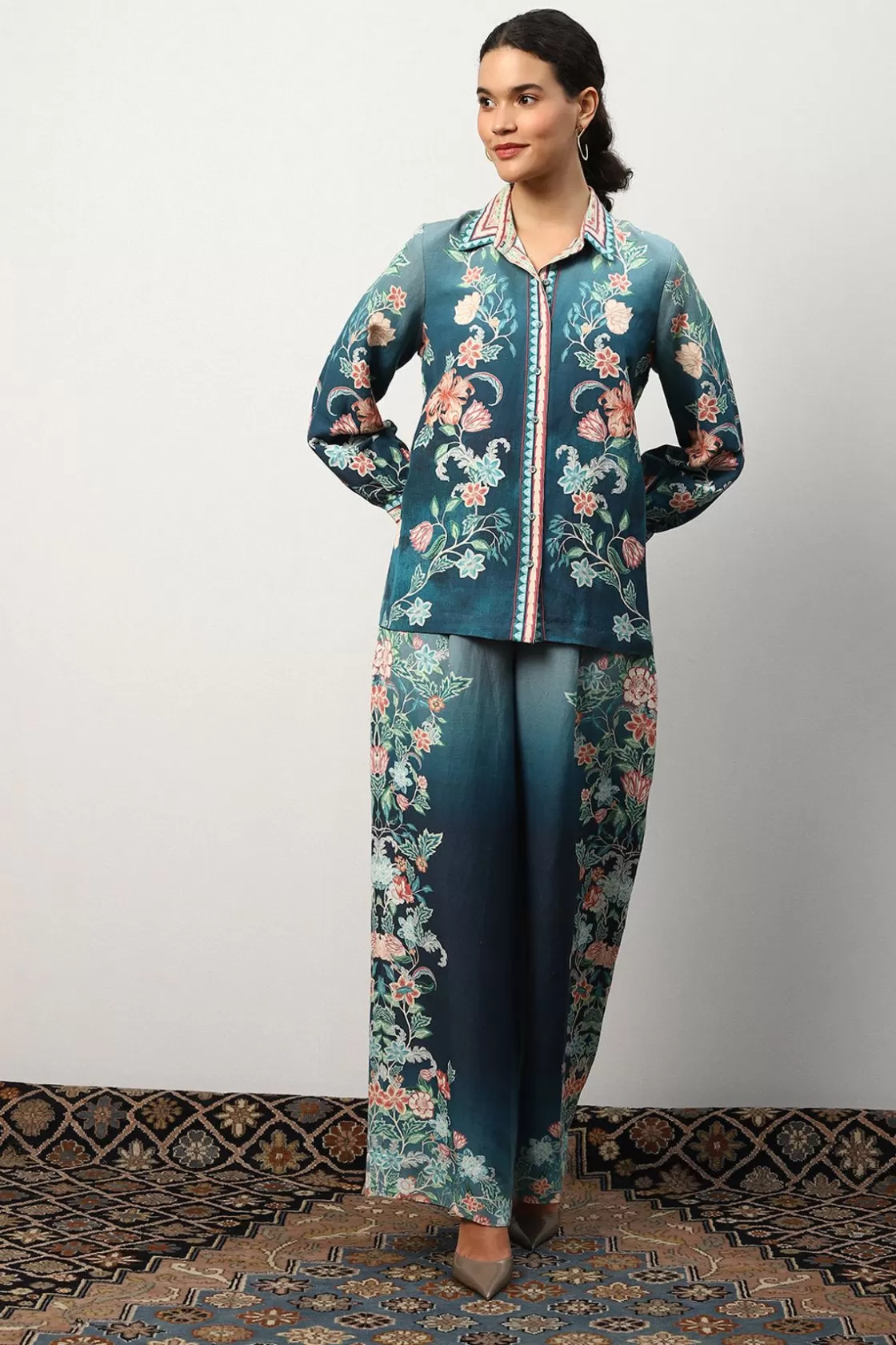 RANNA GILL Tops-Arya Blouse Teal Forest Print