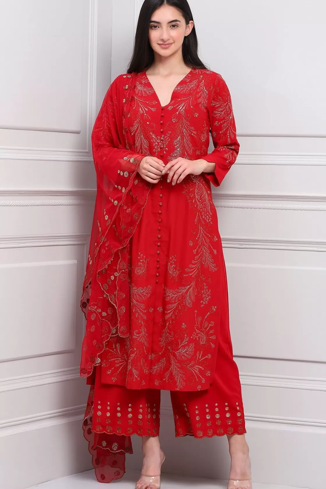 RANNA GILL Indian Tunic Sets-Haniya Tunic Set Red