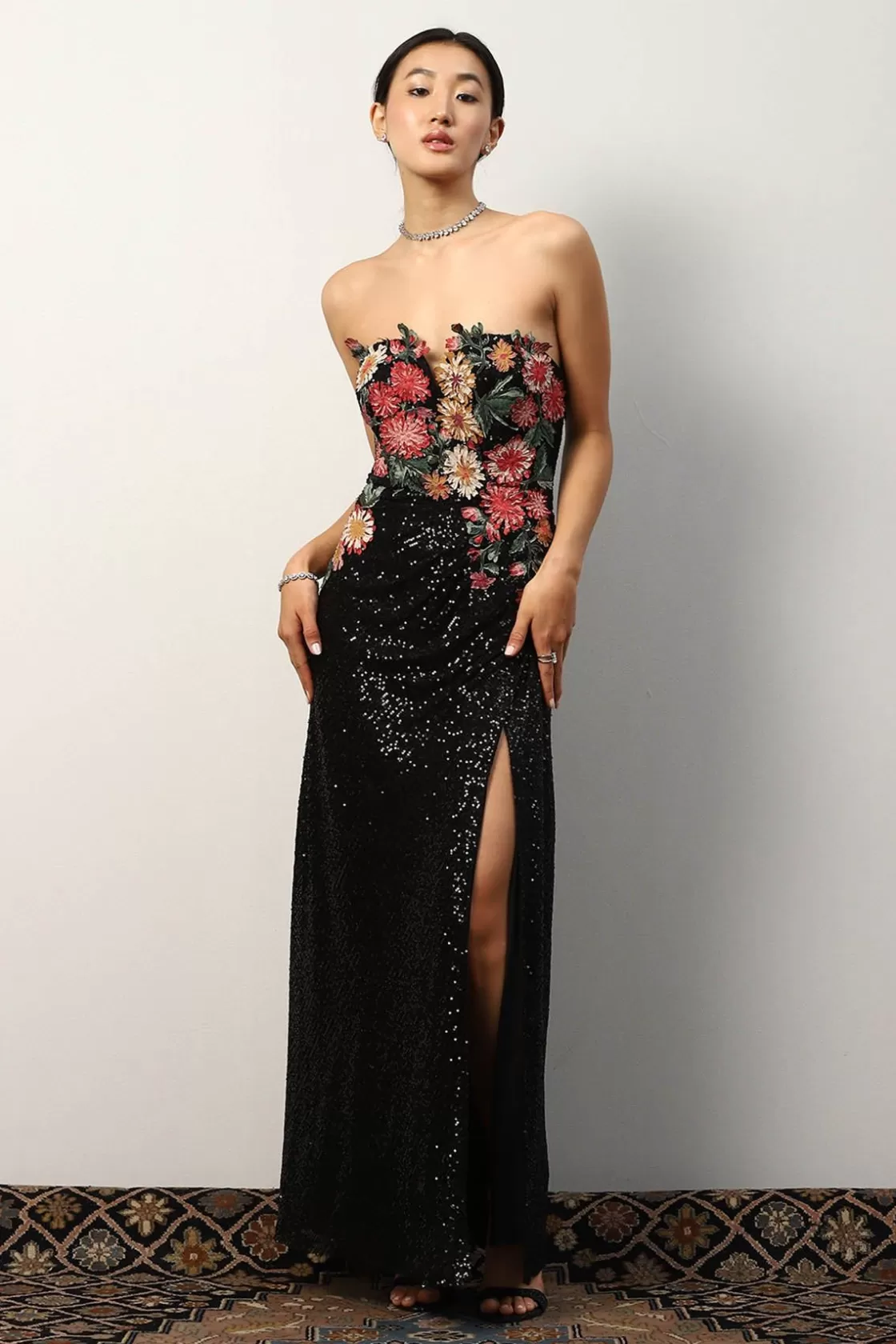 RANNA GILL Dresses-Minerva High-Slit Sequin Gown Black